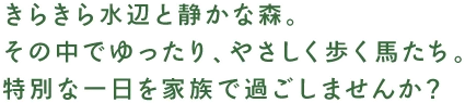 きらきら⽔辺と静かな森。その中でゆったり、やさしく歩く⾺たち。特別な⼀⽇を家族で過ごしませんか？